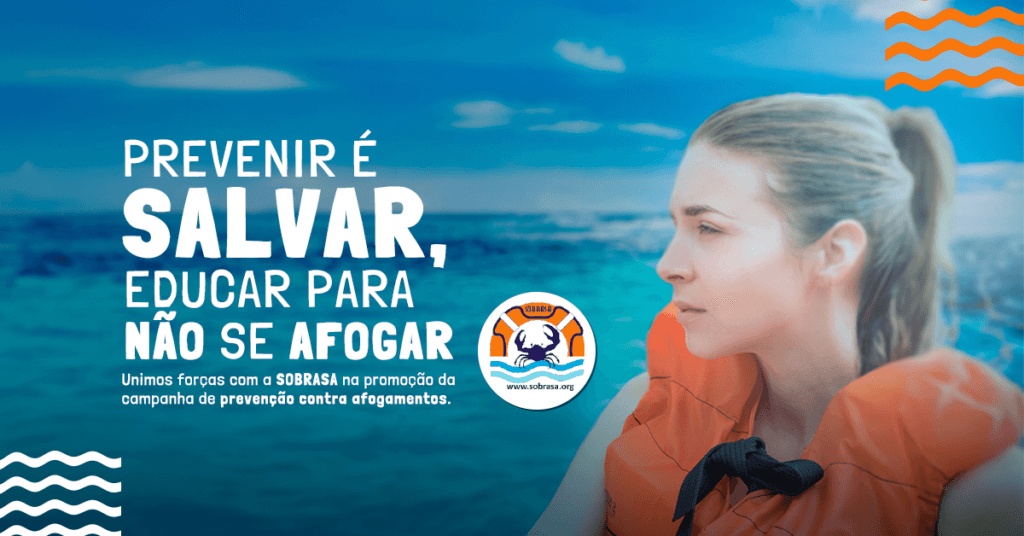 Arte de prevenção de afogamentos com pessoa usando colete salva-vidas laranja