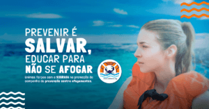 Arte de prevenção de afogamentos com pessoa usando colete salva-vidas laranja
