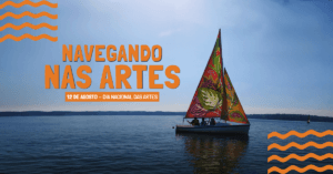 Arte da campanha Navegando nas Artes com veleiro colorido no mar