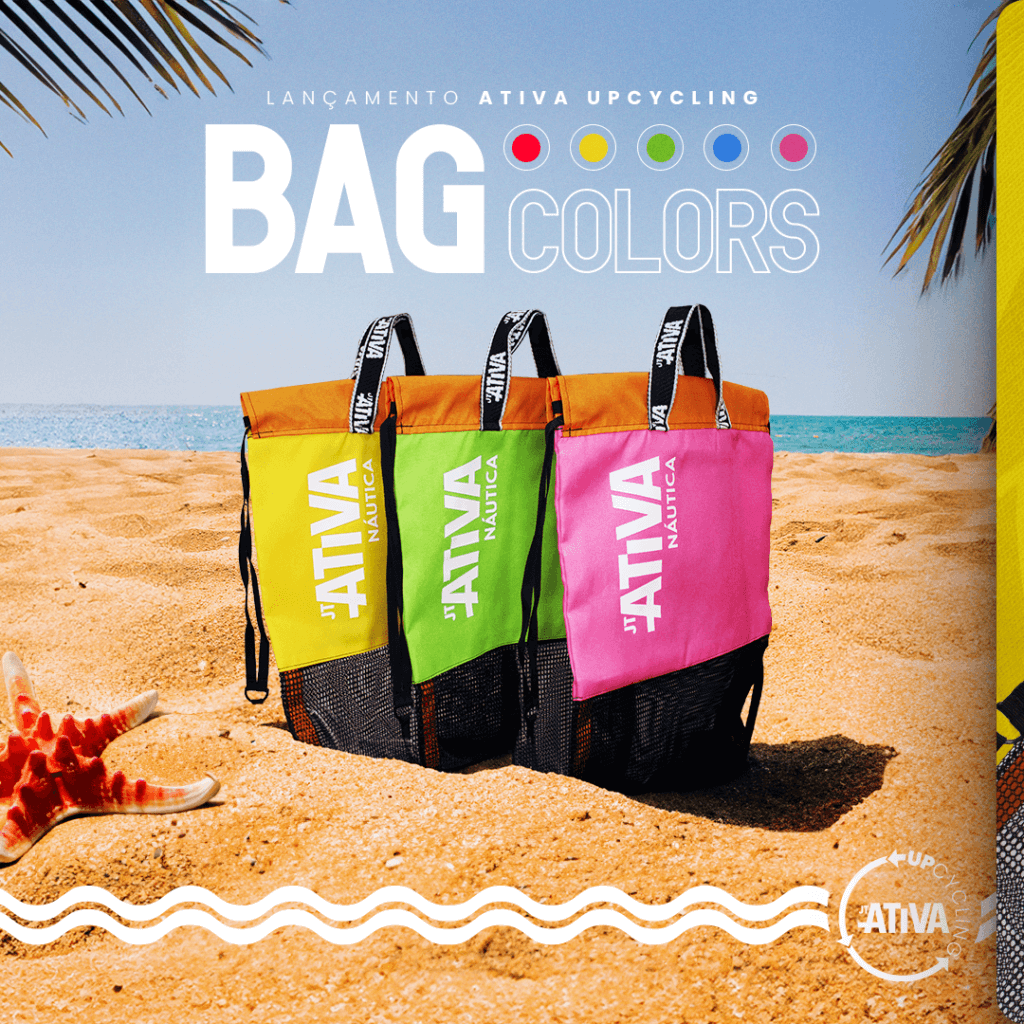 Arte com bolsas coloridas produzidas pelo projeto Ativa Upcycling