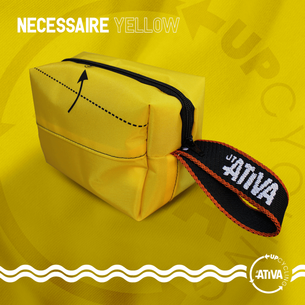 Arte da necessaire amarela produzida pelo projeto Ativa Upcycling