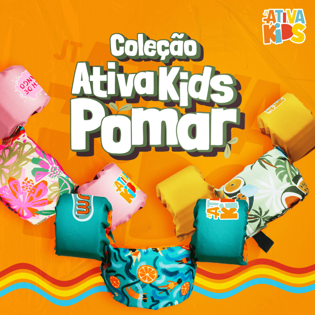 Arte da coleção Ativa Kids Pomar com coletes salva-vidas infantis coloridos