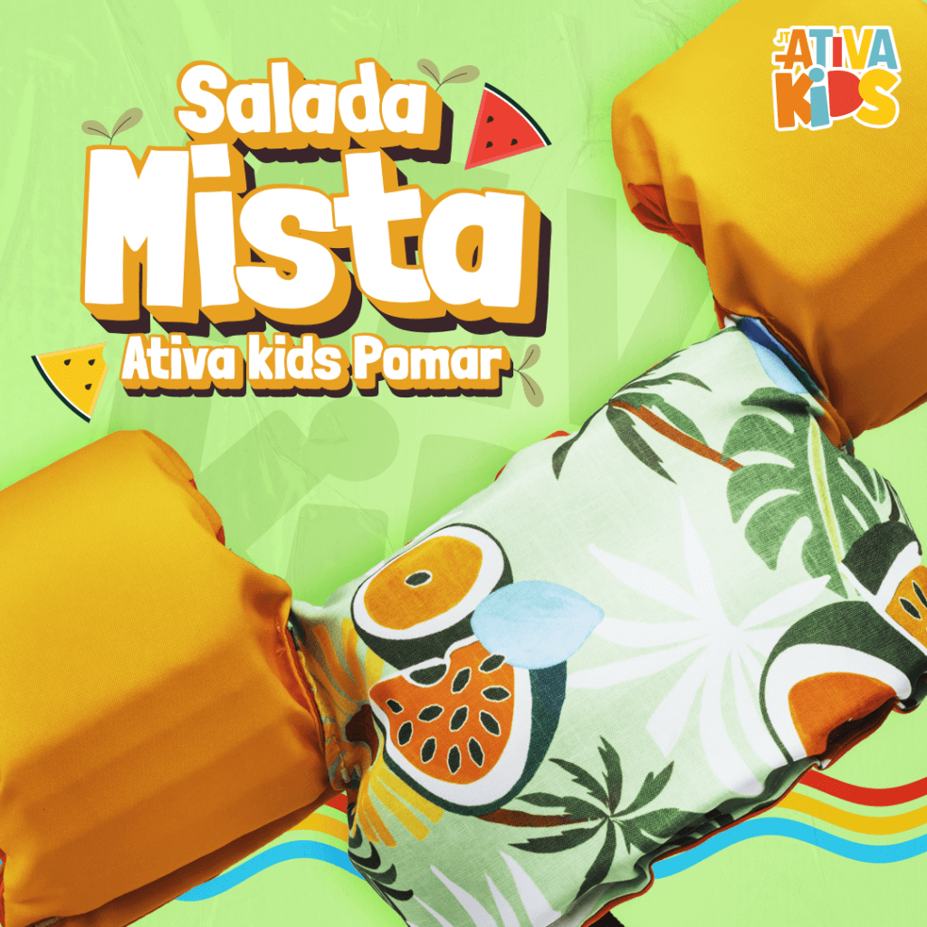 Arte do colete infantil Salada Mista da coleção Ativa Kids Pomar