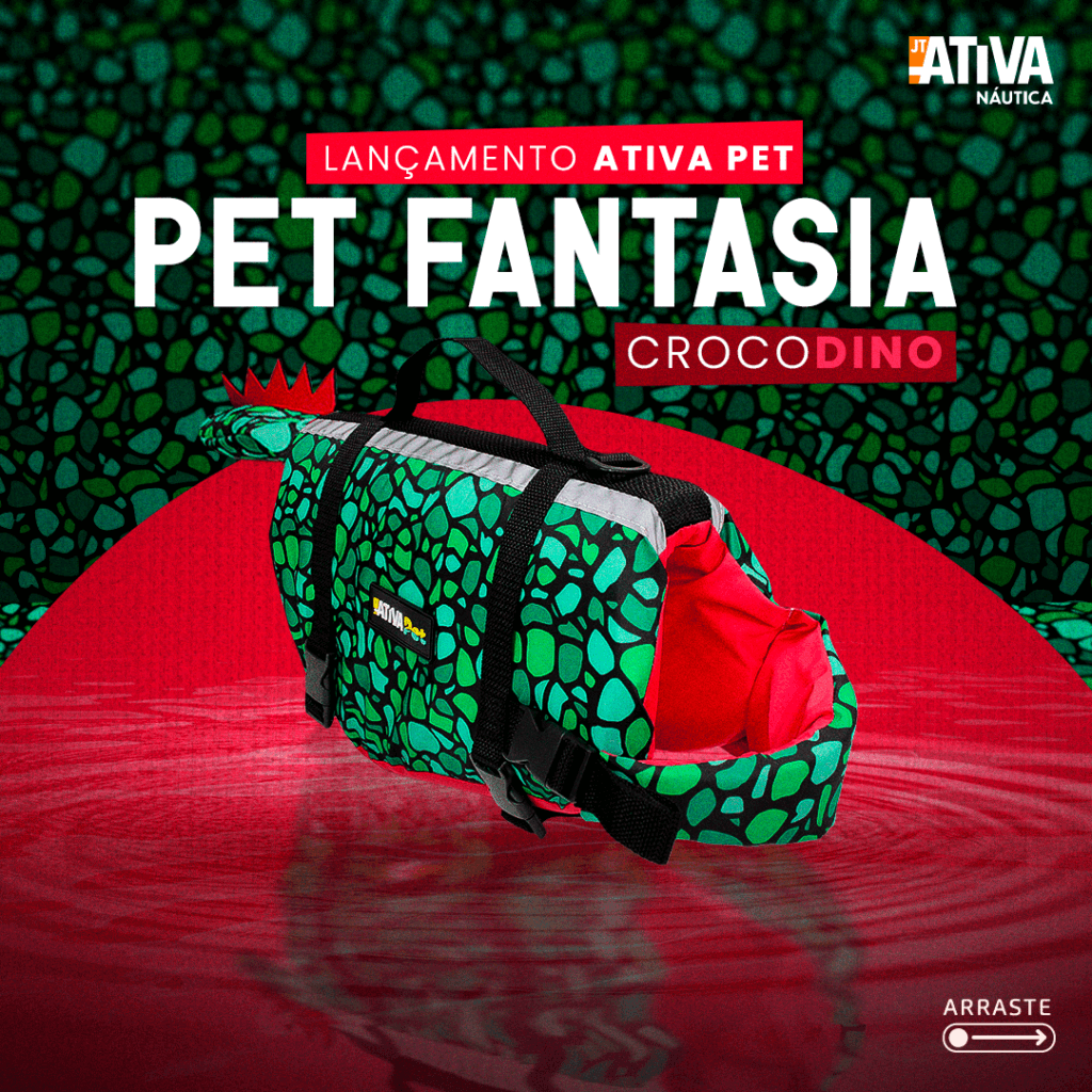Arte de lançamento do colete Pet Fantasia Crocodino