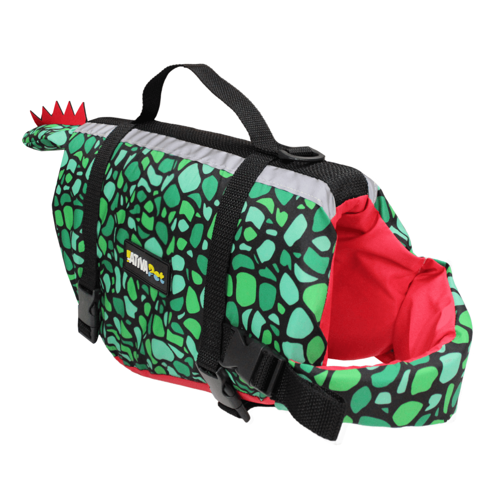 Colete Pet Fantasia Crocodino verde e vermelho, vista lateral