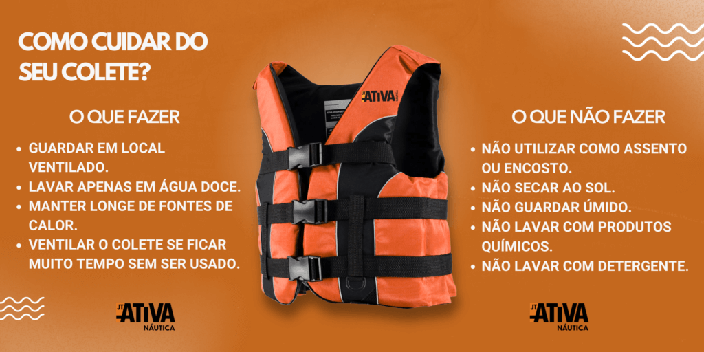 Infográfico com orientações de cuidados e conservação do colete salva-vidas