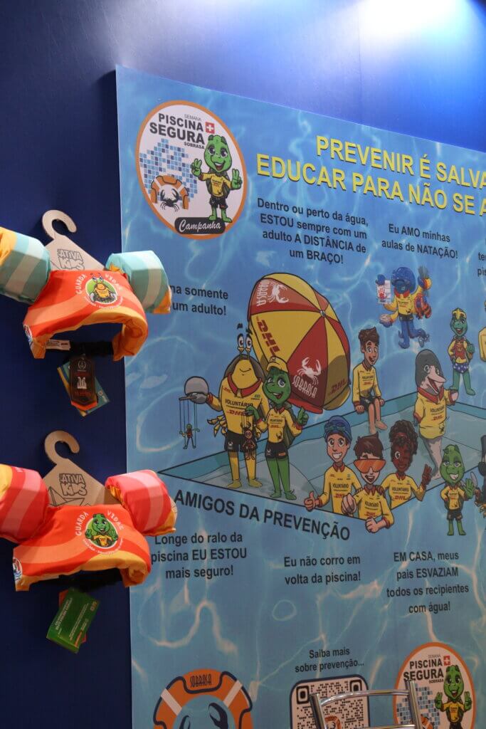 Painel educativo sobre prevenção de afogamentos e segurança na água