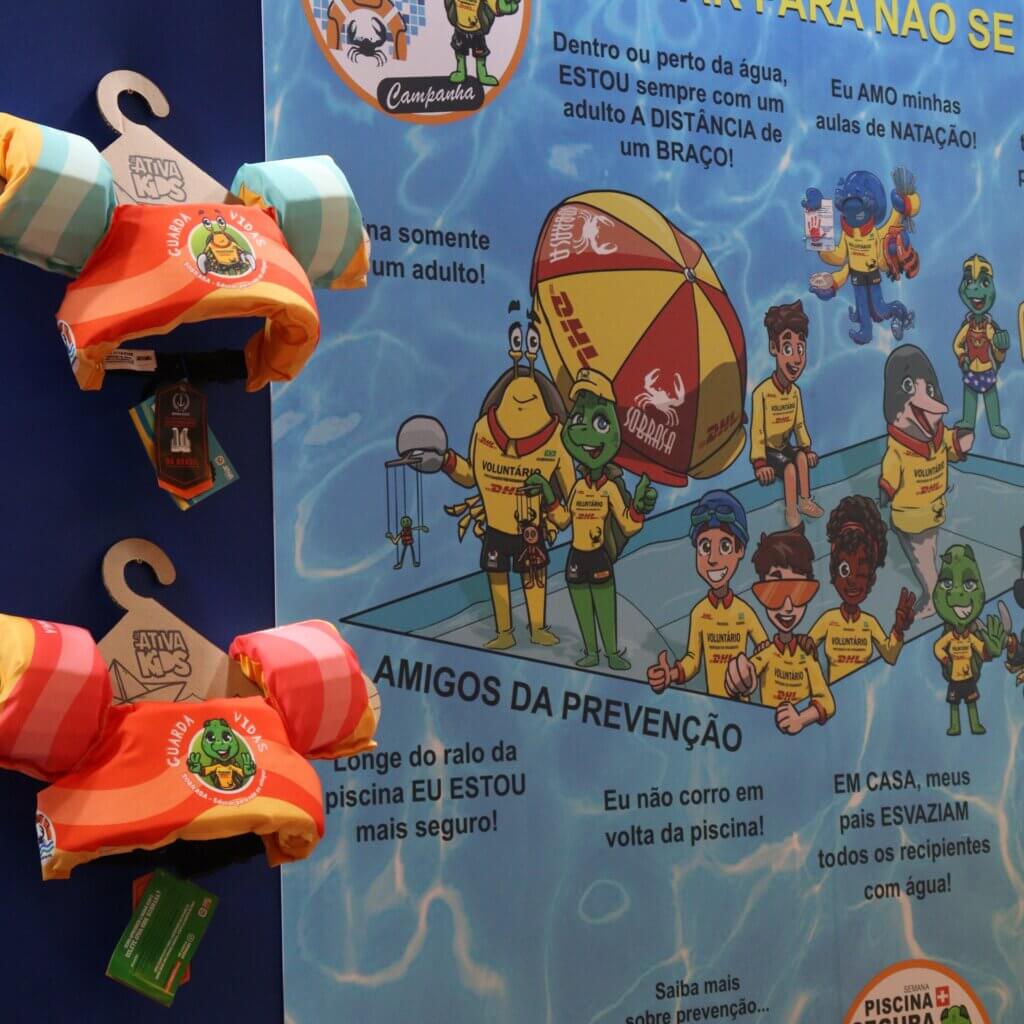 Coletes Kimzinho e Tatazinha expostos diante de painel sobre prevenção de afogamentos