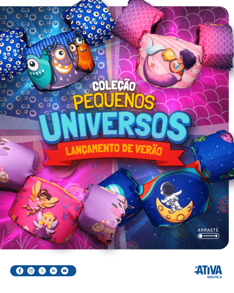 Arte de lançamento da coleção Ativa Kids Pequenos Universos com coletes infantis temáticos