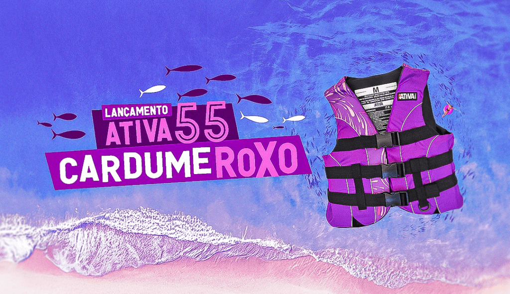 Arte de lançamento do Colete Ativa 55 Cardume Roxo