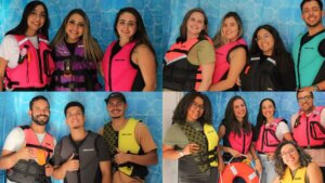 Montagem com participantes usando coletes salva-vidas na campanha Wear It 2025