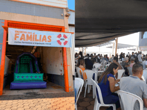 Área da Festa da Família 2025 com brinquedo e participantes reunidos
