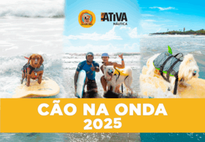 Arte de divulgação do evento Cão na Onda 2025 com cães na praia