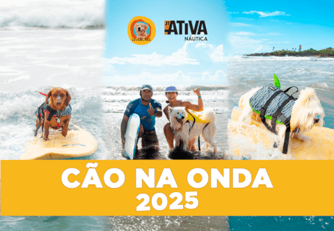 Arte de divulgação do evento Cão na Onda 2025 com cães na praia