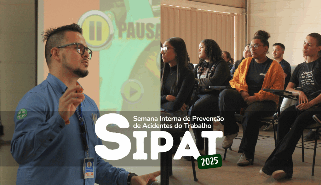 Arte da SIPAT 2025 com colaboradores participando de palestra