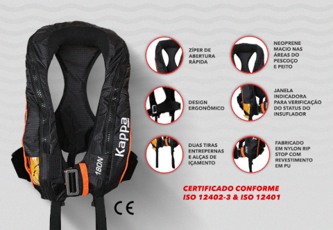 Infográfico com características do colete inflável Lalizas Kappa 180N