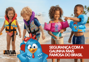 Crianças usando coletes salva-vidas infantis ao lado da personagem Galinha Pintadinha