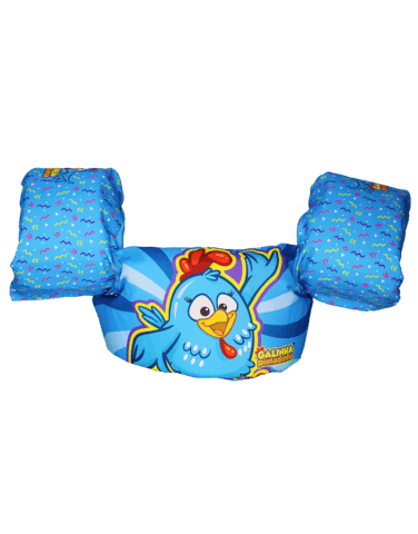 Colete infantil azul Galinha Pintadinha com boias de braço