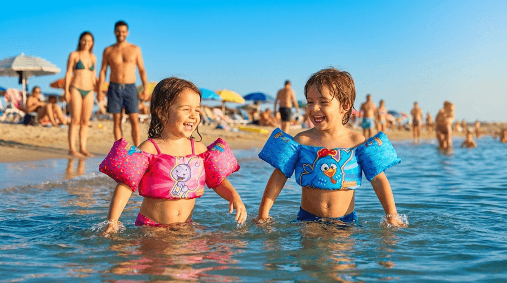 Duas crianças na praia usando coletes infantis coloridos da coleção Galinha Pintadinha