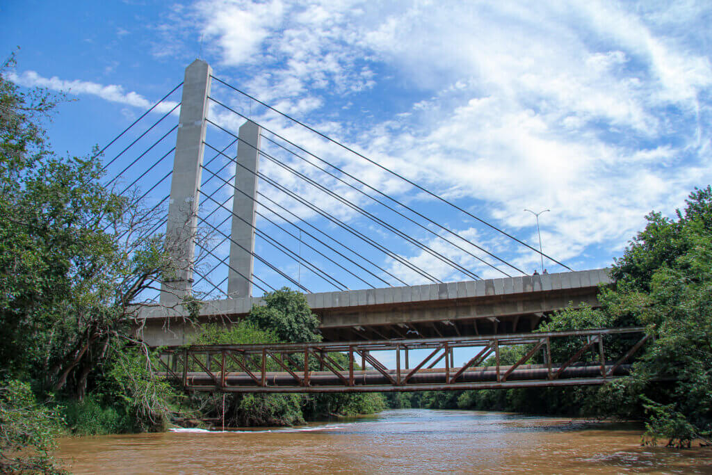 Ponte estaiada sobre o Rio Atibaia em meio à vegetação