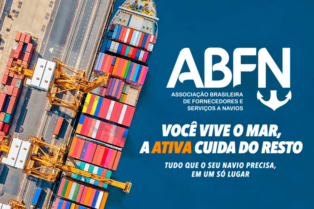 Arte da parceria entre Ativa Náutica e ABFN com terminal portuário ao fundo
