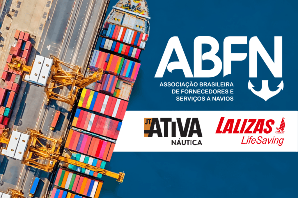 Arte da parceria entre Ativa Náutica e ABFN com terminal portuário ao fundo