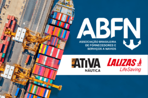 Arte da parceria entre Ativa Náutica e ABFN com terminal portuário ao fundo