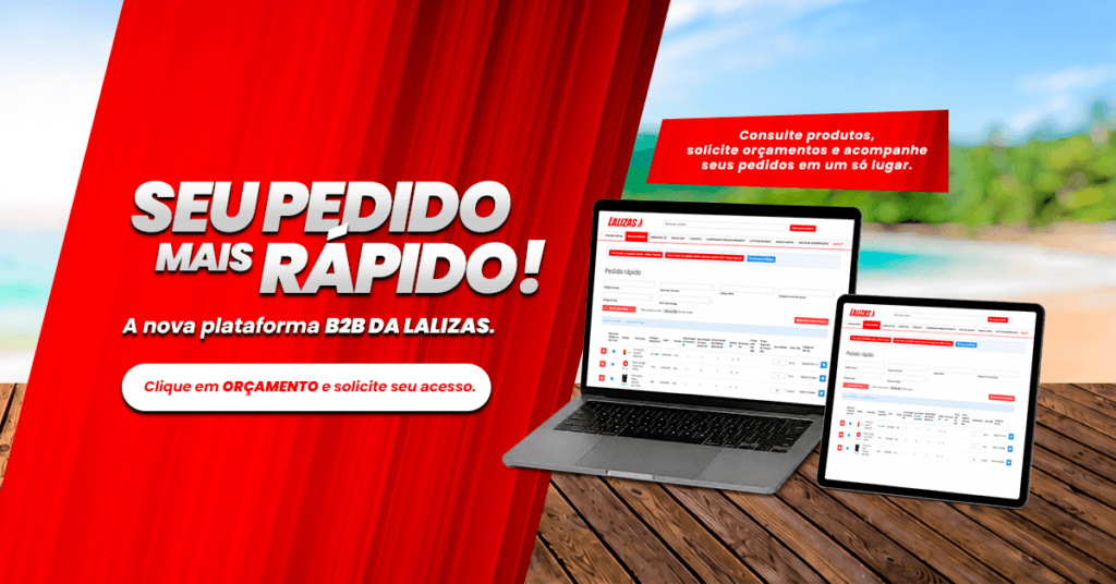 Arte de divulgação da nova plataforma B2B da Lalizas em notebook e tablet