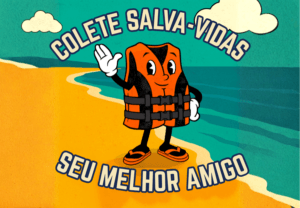 Ilustração de colete salva-vidas em campanha sobre segurança na água