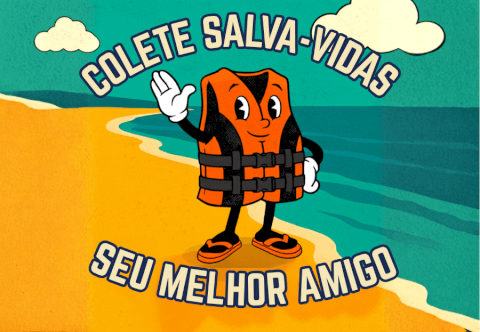 Ilustração de colete salva-vidas em campanha sobre segurança na água