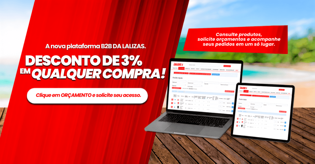 Arte da plataforma B2B Lalizas com destaque para desconto de 3% em compras