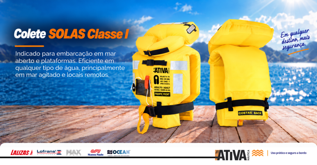 Arte do Colete SOLAS Classe I amarelo com vistas frontal e traseira