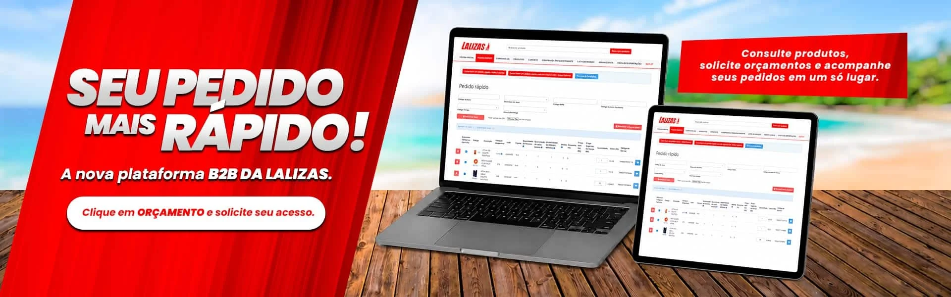 Seu pedido mais rápido: conheça a plataforma B2B da Lalizas. Clique em Orçamento para solicitar seu acesso.